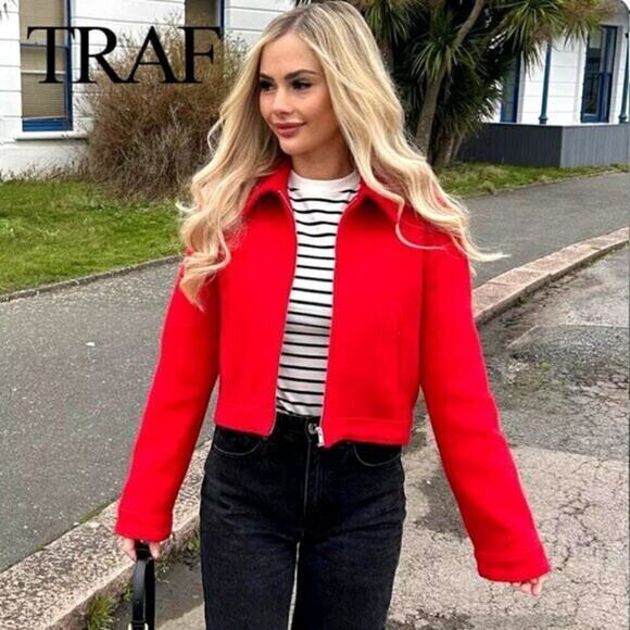 ZARA Red Wool-Blend Cropped Jacket NWT | Structured Collar Coat - Picture 11 of 16